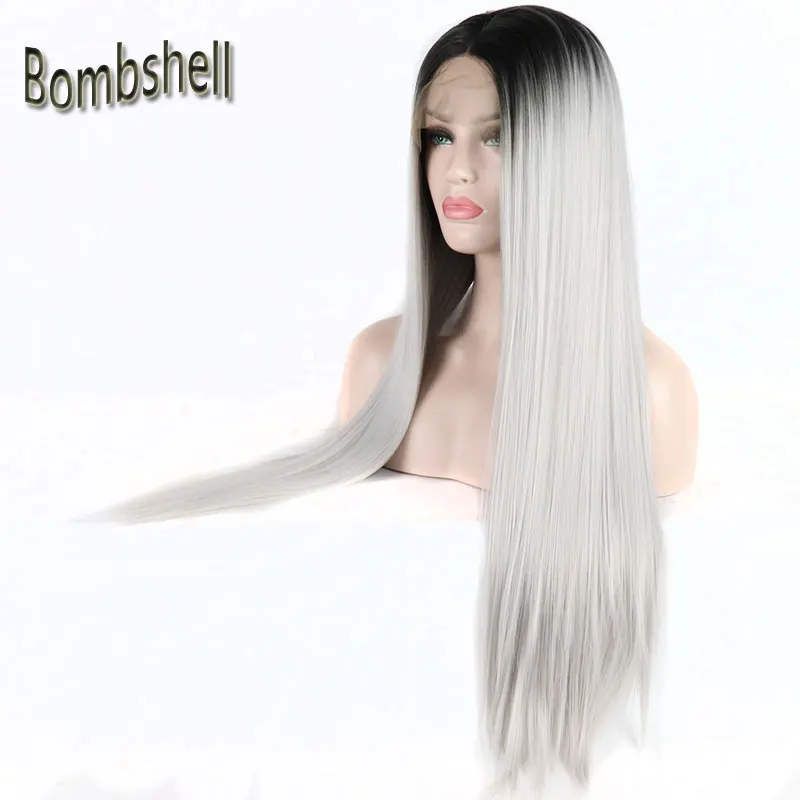 Bombshell Black Roots Ombre Silver Grey Straight Synthetic Lace