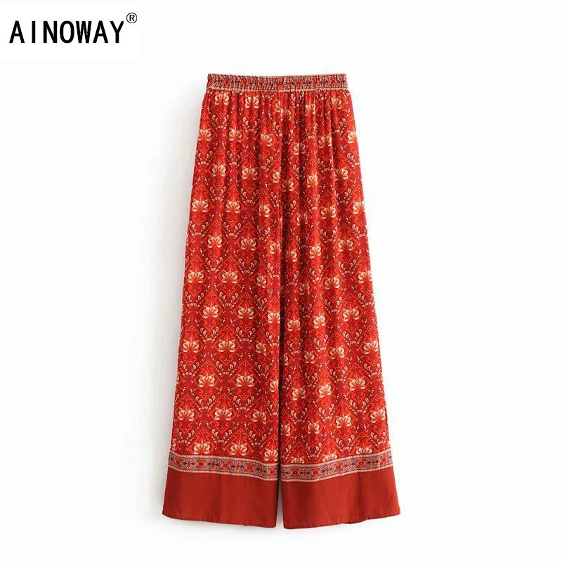

Vintage chic elegant women red floral print wide leg bohemian pants ladies casual loose rayon Boho long pants oversize