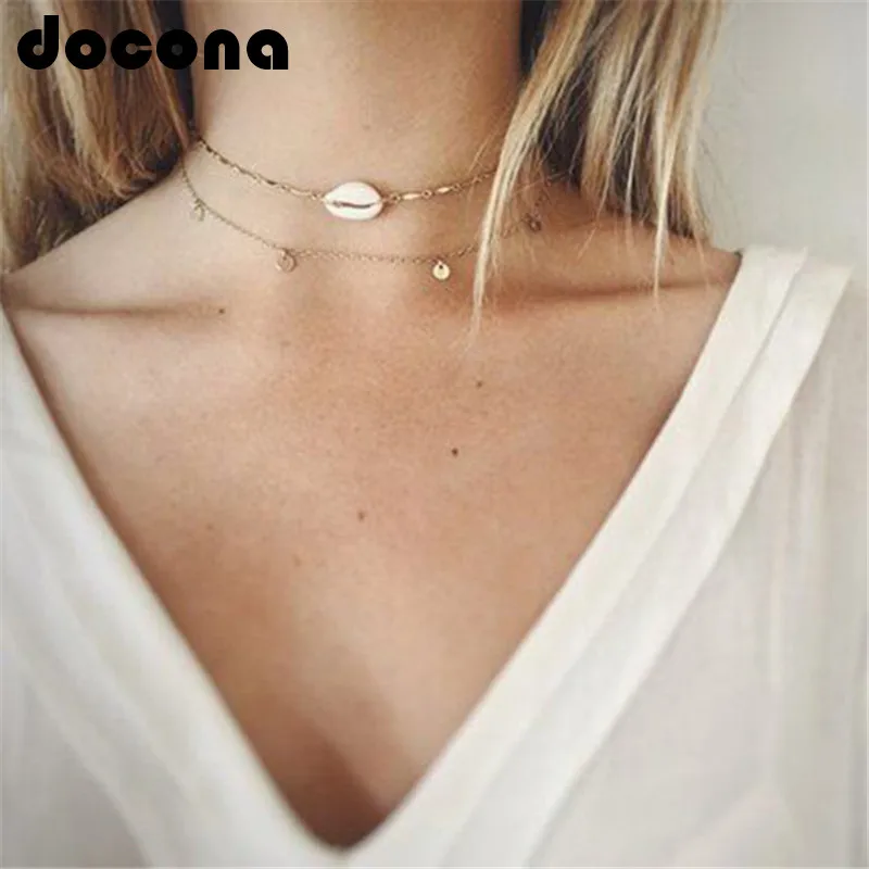 

docona Boho Gold Color Shell Chokers Necklace for Women Alloy Multi-layer Charms Necklace Party Jewelry Collars 6705