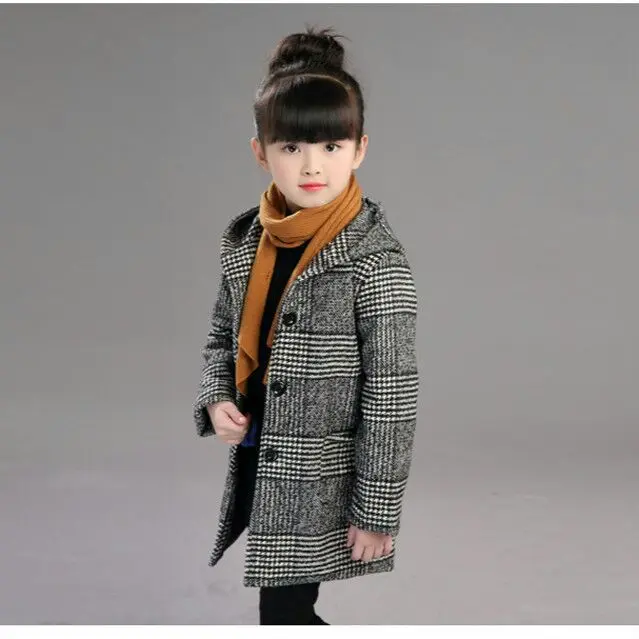 Achat 2019 filles automne mode Plaid laine manteau à capuche veste hiver