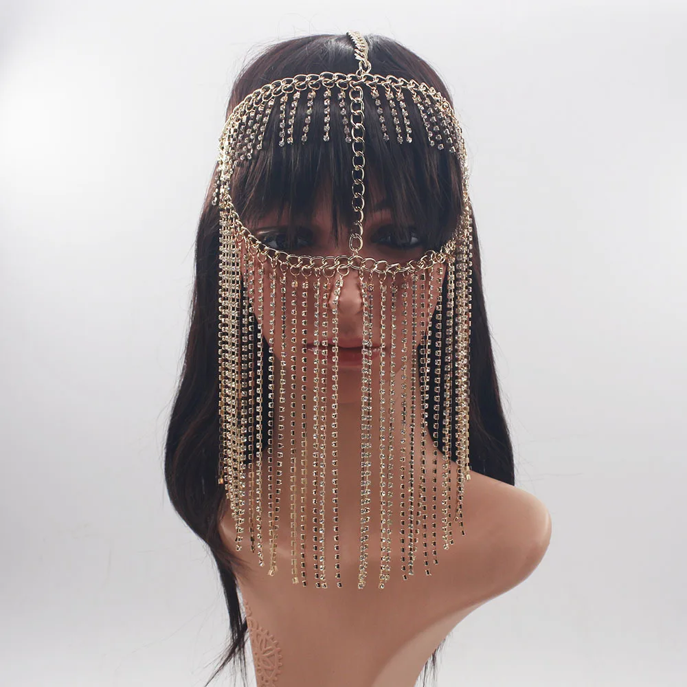 

BeUrSelf Facemask Chain Women Silver Gold Face Cover Tassel Rhinestone Head Chain Face Veil Layer Harness Body Jewelry Headdress