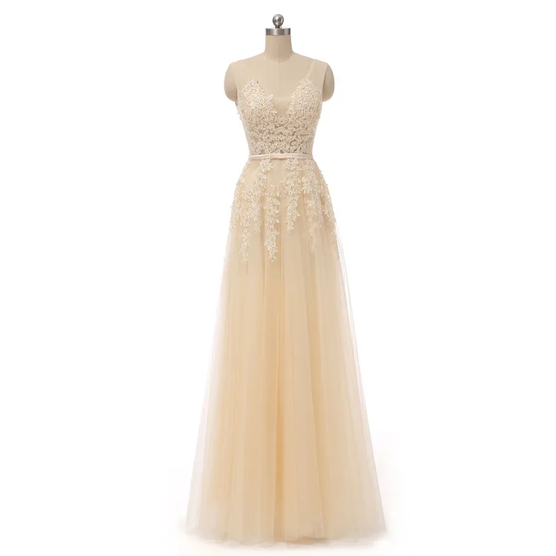 Шампанское Vestidos De Gala стильное ТРАПЕЦИЕВИДНОЕ ПЛАТЬЕ цвета шампанского для выпускного вечера, длинное Недорогое Платье с v-образным вырезом на спине и кружевной аппликацией для выпускного вечера - Цвет: Шампанское