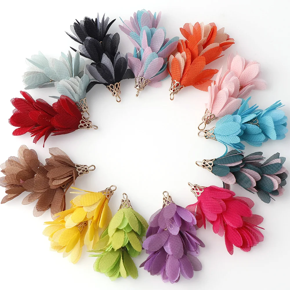 

10pcs Mix Color Silk Satin Fabric Flower Tassel Charms 52mm Flower Tassel For Jewelry DIY Keychain Cellphone Straps Jewelry