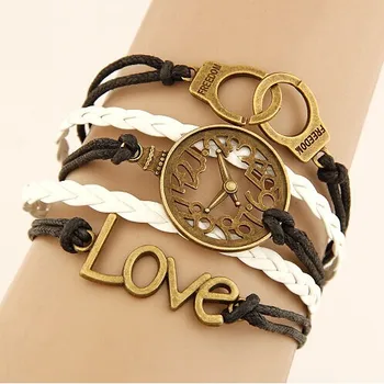 

European and American retro creative LOVE clock handcuffs combination alloy accessories manual multilayer woven Bracelet