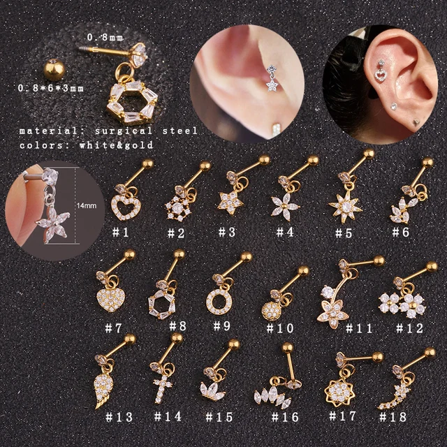 New Arriva Gold Heart Hexagon Crystal Tragus Ear Piercing Plug Stainless Steel Daith Earrings Helix Cartilage Studs