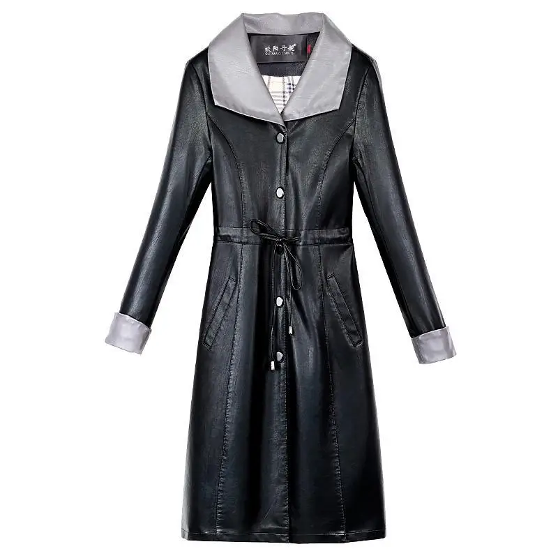 New Women Vintage Long Single Breasted Sheep Leather Trench Female Turn-down Collar Plus Size Slim Outerwear Windswear