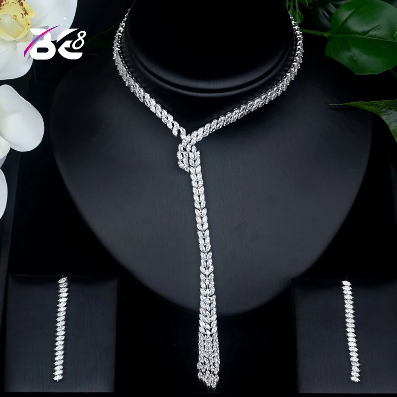 

Be 8 Luxury Geometric Design Women Nigerian Wedding Naija Bride AAA Cubic Zirconia Necklace Dubai 2PCS Wedding Jewelry Set S425