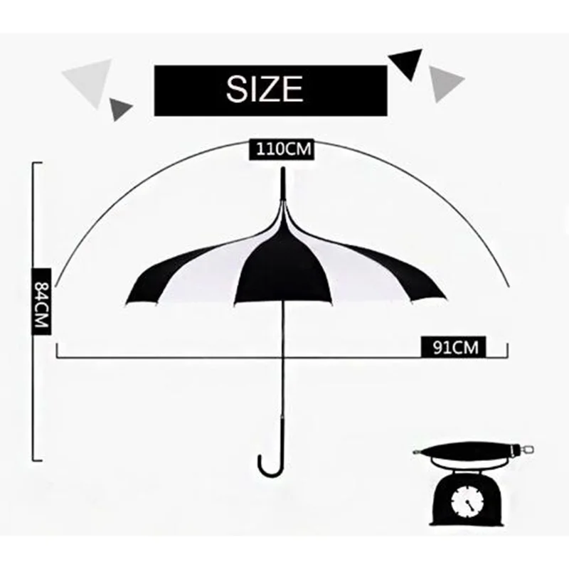 1 шт. черный и белый Зонты женские большой длинной ручкой готический Классический ветрозащитный башня, пагода зонтик от дождя