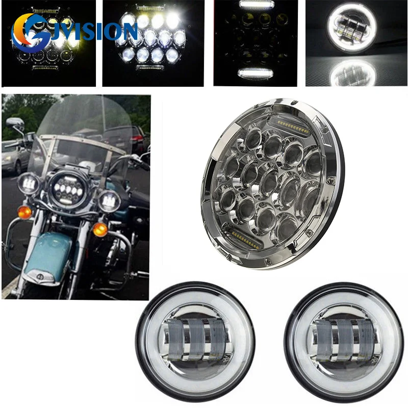 

7 inch Round 75W Hi/Lo beam DRL Motorcycle Daymaker headlight + 4.5'' Chrome LED Fog light Halo angel eyes for Harley Davidson
