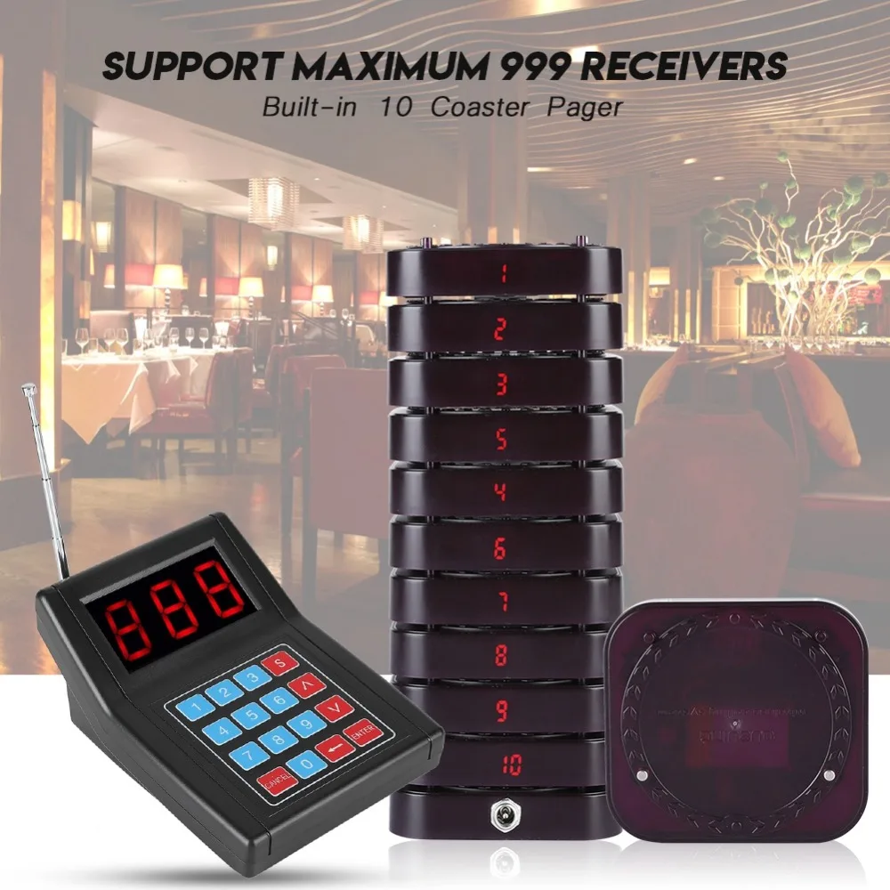 

1 for 10 SU-669 1 Transmitter+10 Coaster Pagers Guest Paging System 999 Channels Restaurant Pager System Restaurant Equipments