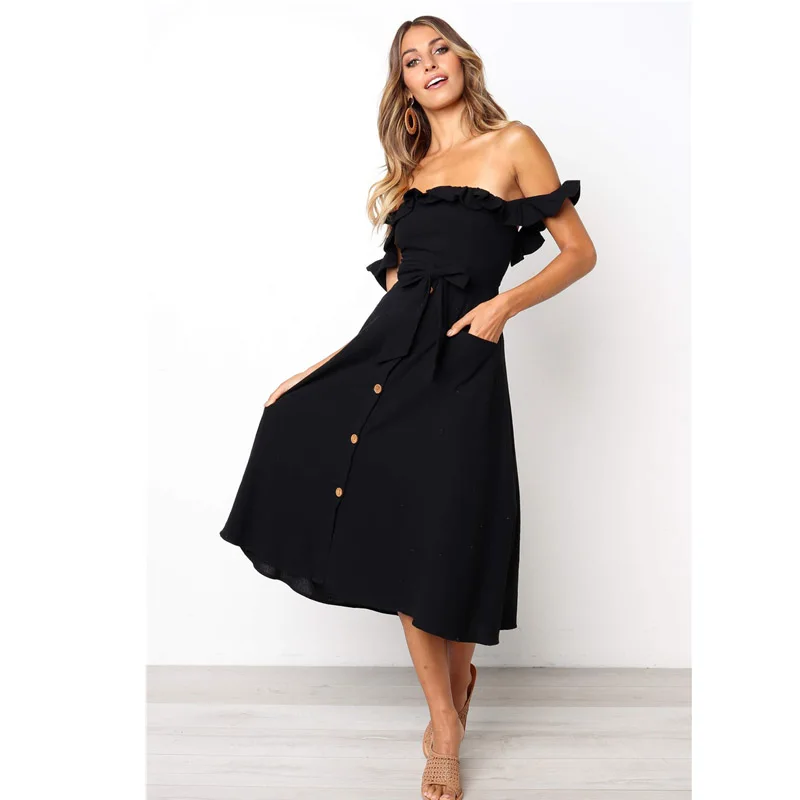 

2019 Sexy Backless Women Summer Dress Ruffles Off Shoulder Beach Dress Buttons Strapless Long Sundress Boho Midi Dress Vestidos