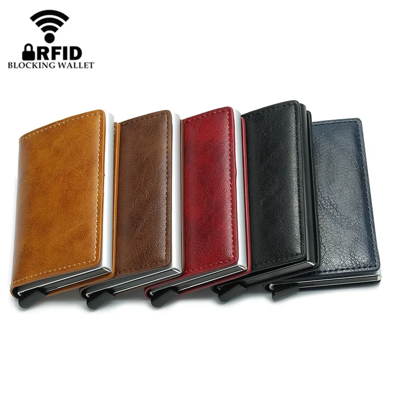 New Fashion Anti RFID Blocking Men's Credit Card Holder Leather Small Wallet ID Bank Card Case Metal Protection Purse For Women
