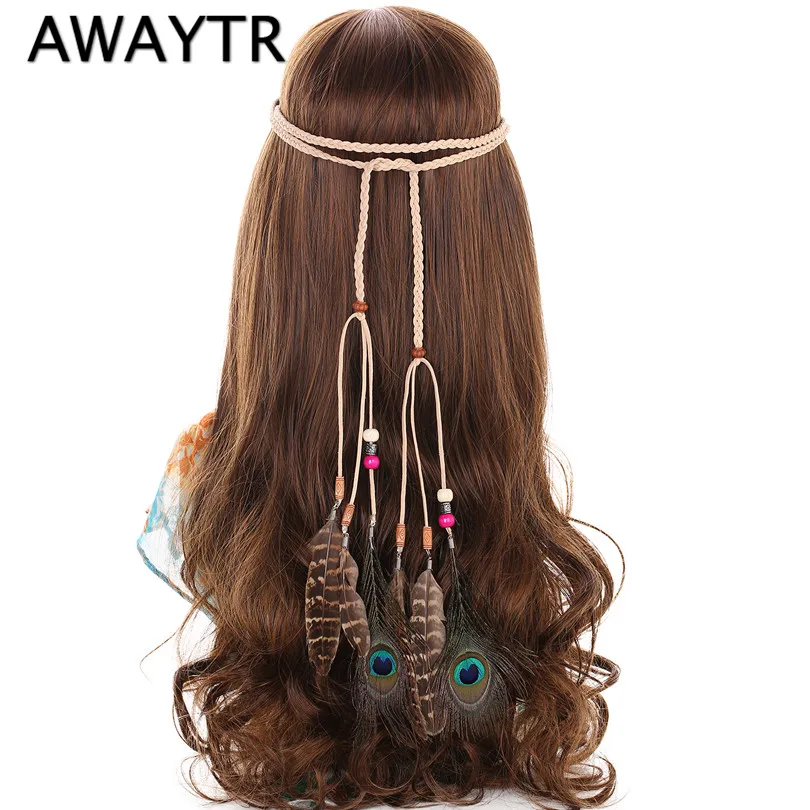 Повязка на голову, AWAYTR, Хэллоуин, Женский ободок с перьями павлина, аксессуары для волос, богемный стиль, длинные капли, декоративные, вечерние, тиара - Окраска металла: DC06128