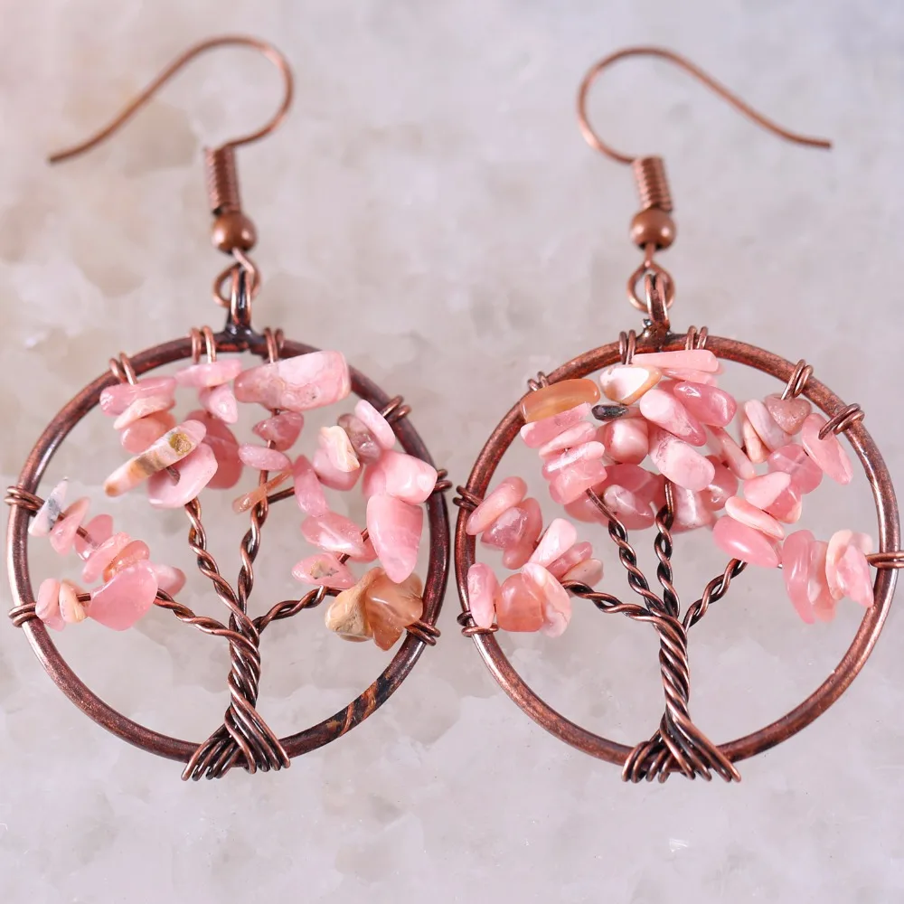 

Tree of life - Natural Stones Irregular Chip Beads Pink Rhodonite Copper Wire Wrap Round Earrings 1Pair U398