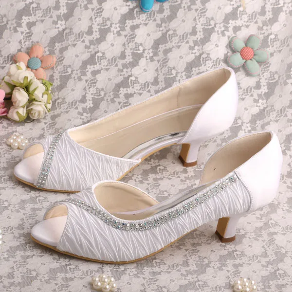 Wedopus Top Selling Women Dress Shoes Wedding Mid Heel White Satin