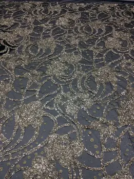

Gold glued glitter tulle mesh fabric on black background H5648 glued glitter sequins lace fabric