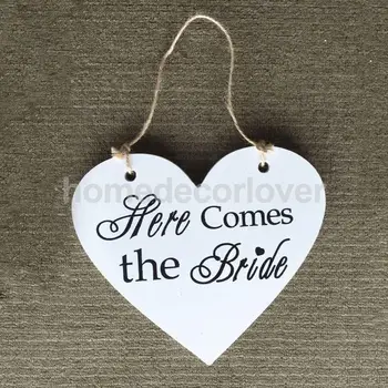 

Heart shape Here Comes the Bride Sign Wedding Wooden Plaque Decoration White
