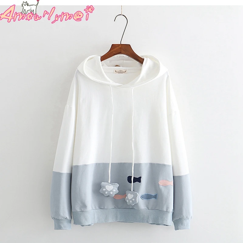 

Autumn Women Kawaii Small Fish Embroidery Hooded Sweatshirt Mori Girl Pullover