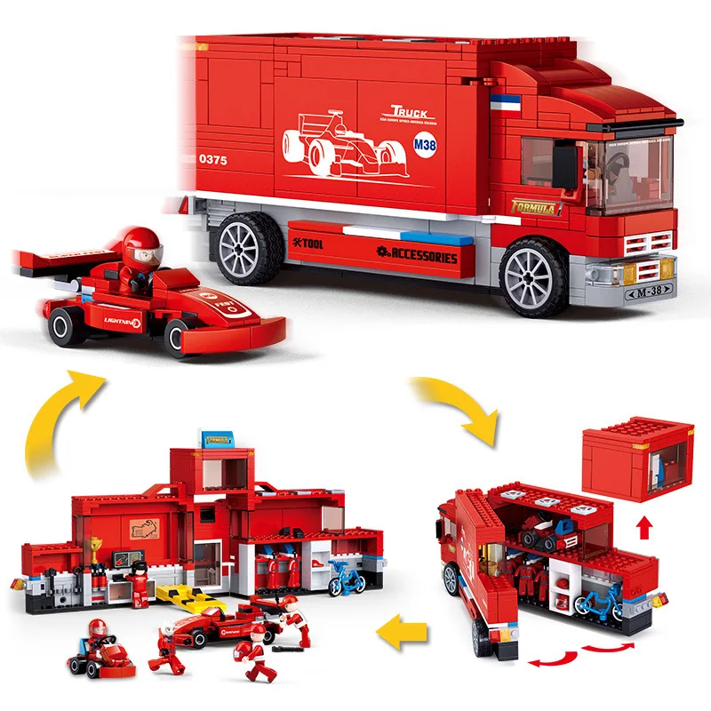 

Assembling Building Block 0375 City Series F1 Competition Tour Truck Formula Car Transport Vehicle Toys