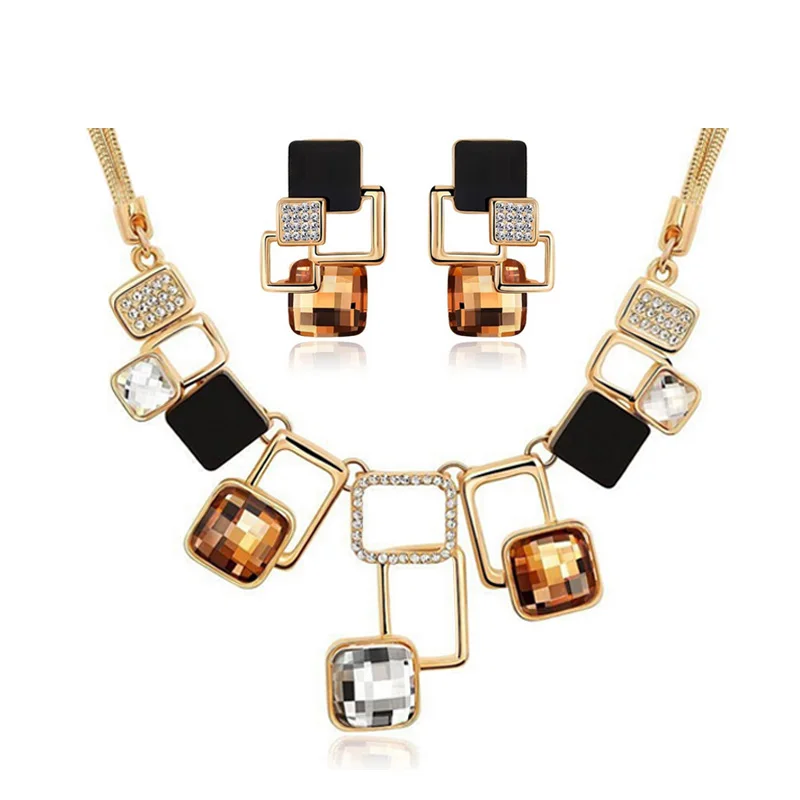 Fine Jewelry sets New Fashion 18K Gold Filled Rhinestone Crystal Acrylic Geometric Necklace Earring Jewellery Set For Women