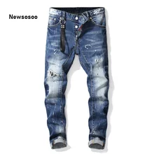 Европейский и американский стиль, роскошные качественные мужские узкие джинсы, мужские брюки-карандаш от известного бренда, прямые синие джинсы с дырками для мужчин