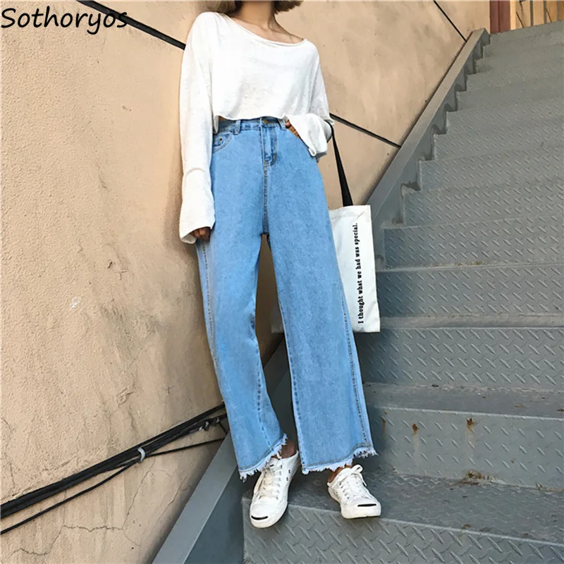 Jeans Women Denim Solid Ankle-Length Zipper Pockets Trendy Womens Wide Leg Pants Korean Style Sweet All-match Loose Leisure Girl