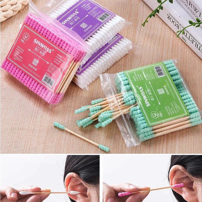 

100 Pcs Double Head Cotton Swab Unique Design Women Makeup Buds Tip Remover Nose Ears Cleaning Health Care Medical Wood Sticks