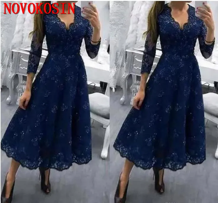 

2019 New Deep V Neck A Line Mother Of The Bride Dress 3/4 Long Sleeves Lade Appliqued Tea Length Plus Size Formal Evening Gown