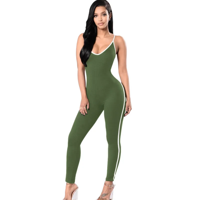 

Women 2018 plus size Sexy Backless Bodysuit Spaghetti Strap Bodycon Slim Overalls Stripe Elastic Fitness Rompers Womens Jumpsuit