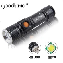 Goodland USB СВЕТОДИОДНЫЙ светильник-вспышка перезаряжаемый светодиодный фонарь светильник фонарь a T6 мощный аккумулятор тактический фонарик для велосипеда