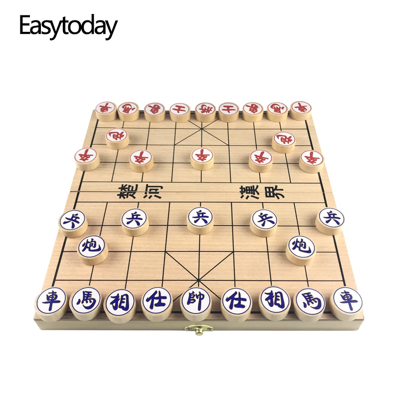 Easytoday الصلبة الخشب الصينية الشطرنج للطي الترفيه لعبة الشطرنج قطع الشطرنج الصينية الدائرية التكوين القياسية