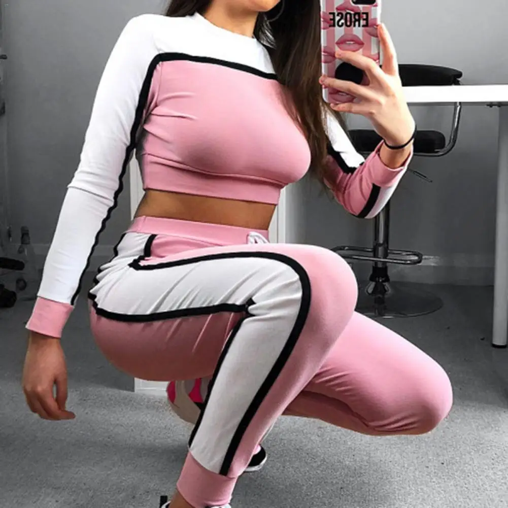 

Women Sports Running Suit Round Neck Patchwork Sports Wear Tracksuit Lady Workout Breathable Fitness Sport Jogging Suits