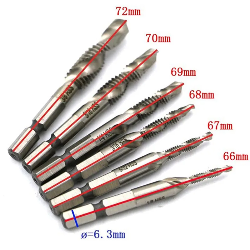 

6pcs M3-M10 Composite Tap Drill Bits Thread Spiral Screw Tap 1/4'' Hex HSS Household tools