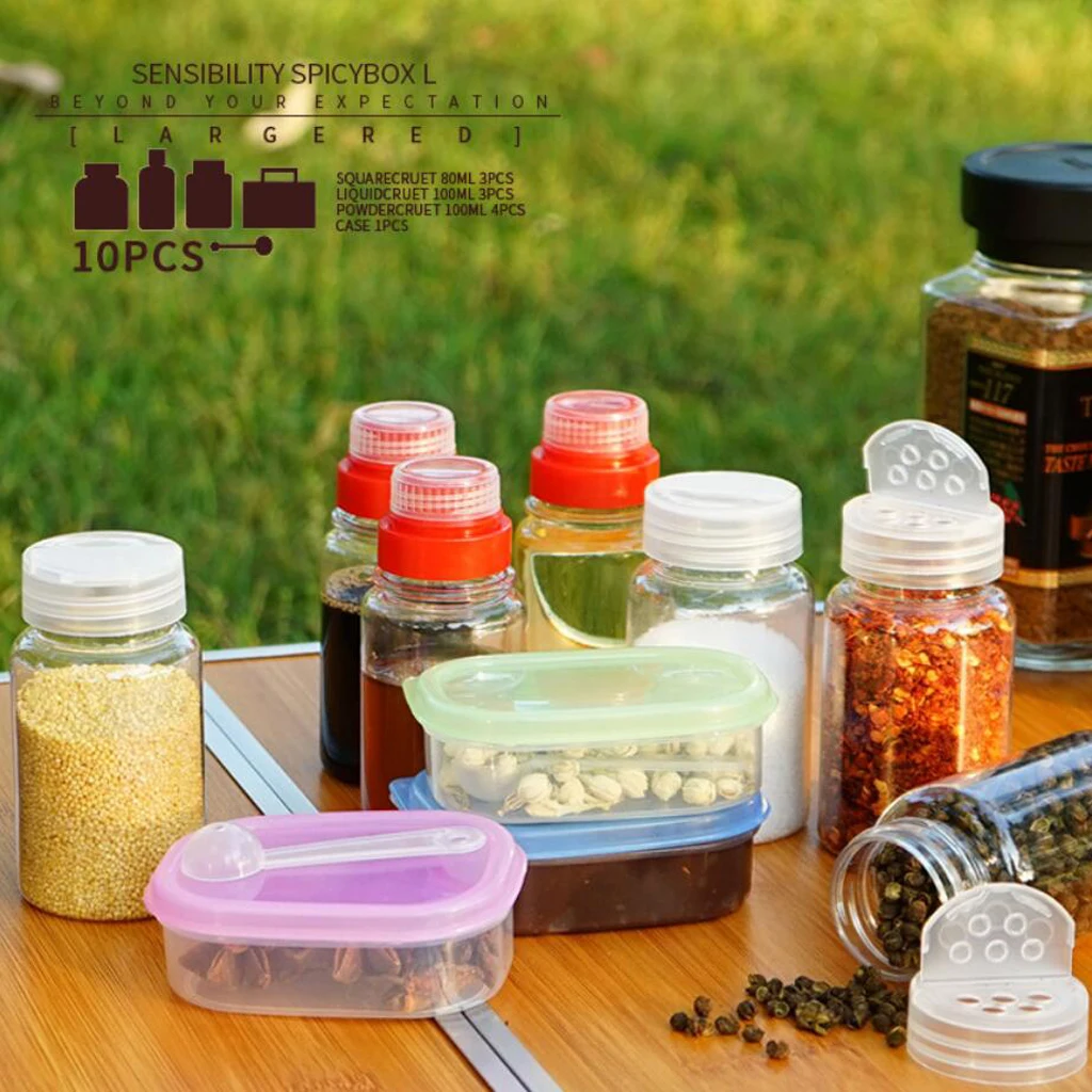 10Pcs/Set BBQ Grilling Spice Jar Condiment Pepper Salt Bottle w/ Storage Carry Bag Outdoor Camping Tableware Seasoning Bottle