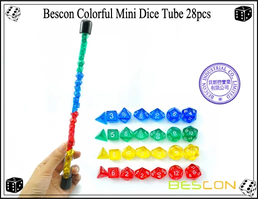 Bescon 28 шт. красочные полупрозрачные мини многогранные кости набор в тюбике, Подземелья и Драконы RPG 4X7 шт., мини игральная кость из драгоценного камня набор