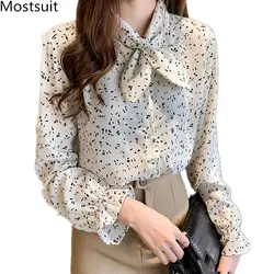 2019 Весна шифон печатные блузки для женщин; Большие размеры воротник-бант рубашка с длинными рукавами Топы Офис Элегантный корейский Blusas Mujer