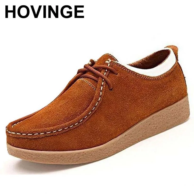 

HOVINGE Autumn and winter women shoes genuine leather flats flexible driving shoes woman round toe fashion lace up sneakers