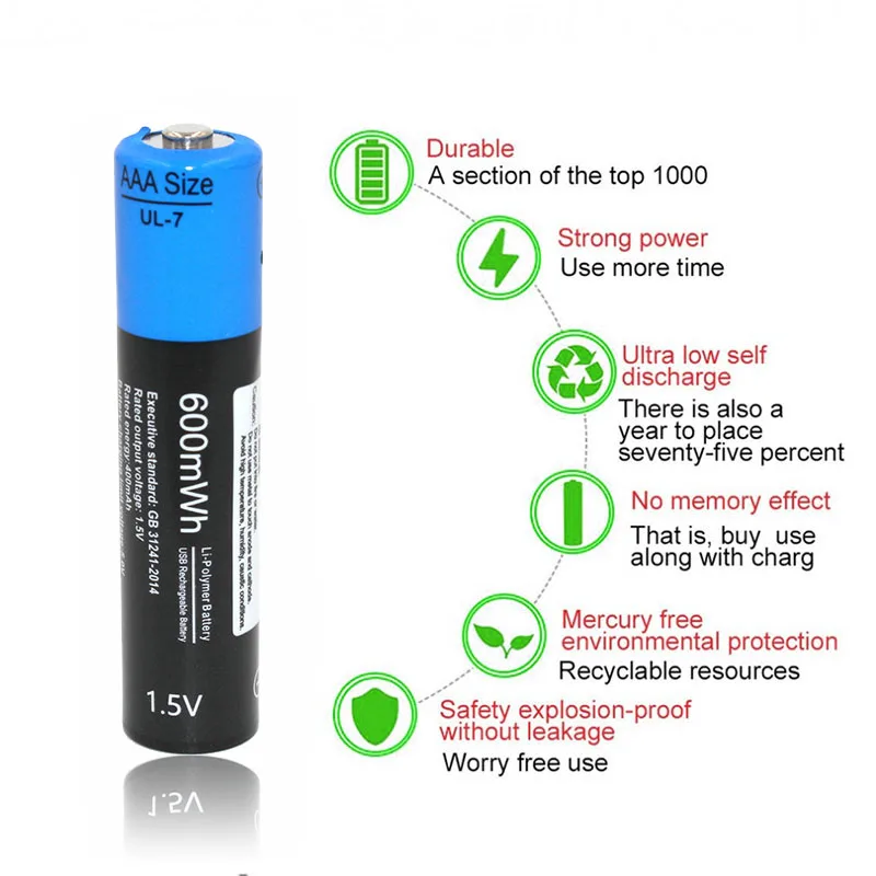 Etinesan 1,5 V AAA 600 mwh литий-полимерная литий-ионная аккумуляторная батарея USB аккумуляторы питания