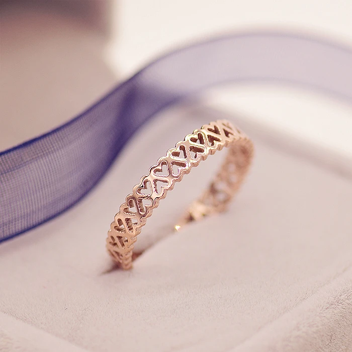 

YUN RUO Rose Gold Colors Hellow Out Heart Finger Rings for Woman Tail Ring Jewelry 316 L Stainless Steel Valentine Gift Not Fade