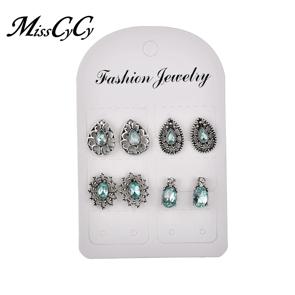 

MissCyCy 4 Pairs/Set Green Crystal Flower Stud Earrings for Women Wedding Boucle D'oreille Jewelry Dazzling Cubic Zirconia Opal