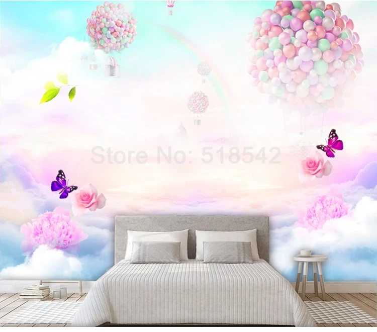 Пользовательские Настенные обои для детской комнаты цветок воздушный шар с принтом "Бабочки" Радужное небо Детская Спальня украшение стены 3D фото обои