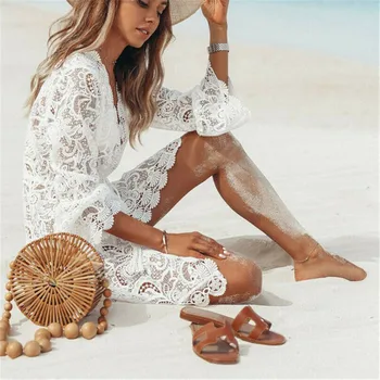 2019 New Summer Women Bikini Cover Up Floral Lace Hollow Crochet Swimsuit Cover-Ups Bathing Suit Beachwear Tunic Beach Dress Hot 1