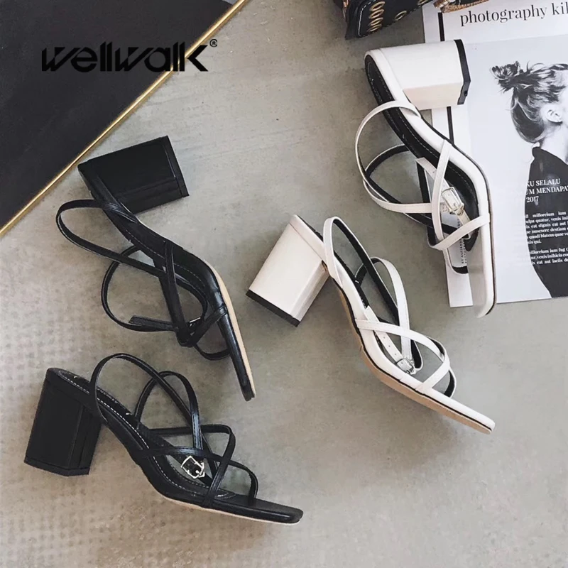 

Wellwalk Summer Sandals Women Square Heel Slippers Ladies Buckle Straps Sandals Female Dress Square Toe Chunky Heel Sliders