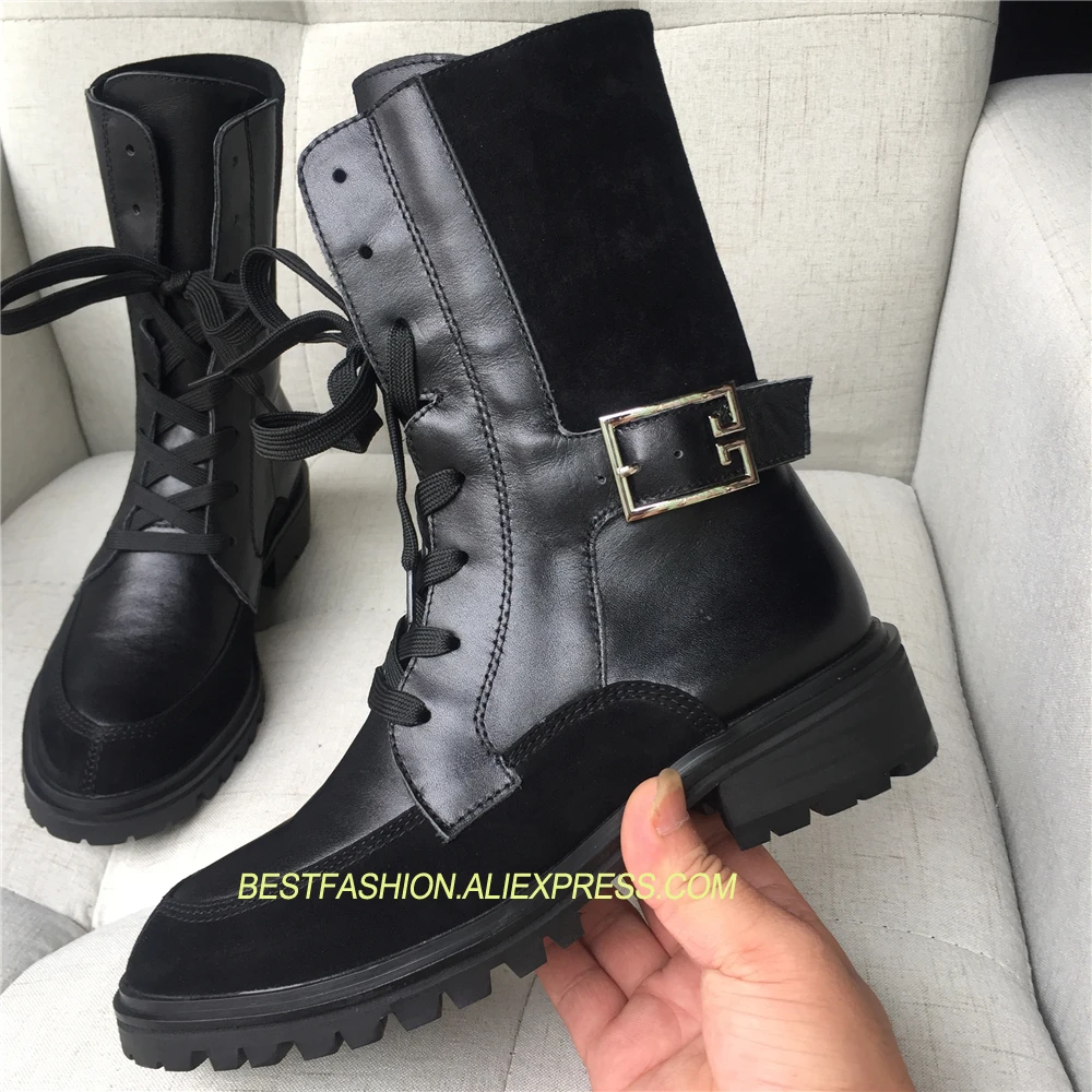 

2018 Hot Autumn Winter Shoes Woman Genuine Leather Lace Up Knight Boots Woman Design Runway Boots Square Heels Ankle Boots Mujer