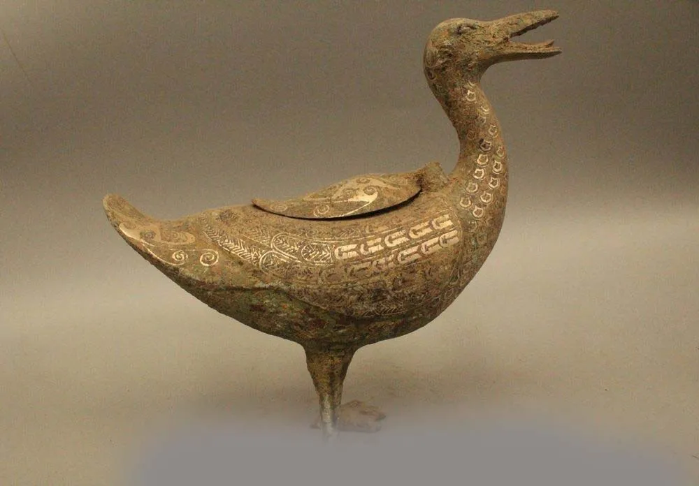 

12" Old China Chinese Dynasty Bronze Silver duck quacker Zun Statue Sculpture