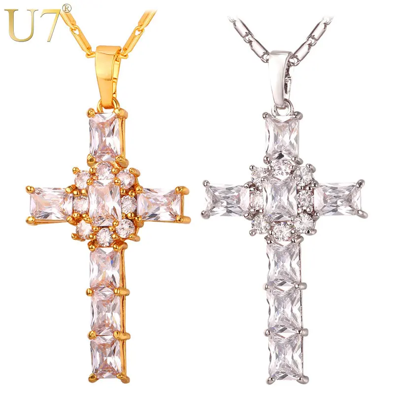 

U7 Cross Crystal Necklace Women Jewelry Gift Wholesale Silver/Gold Color Luxury Pink/Clear Cubic Zirconia Pendant & Chain P364