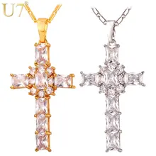 U7 moda chapado en oro collar de las mujeres/los hombres de la joyería al por mayor 2 colores de lujo zirconia cruz colgante collar p364