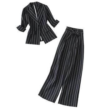 

2 sets of women's suits new fashion OL temperament black and white strips 7 points sleeves small suit + wide leg pants two sets