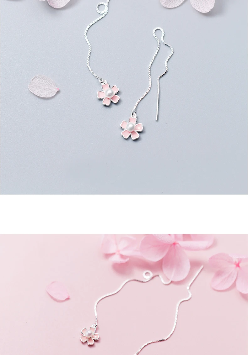 MloveAcc Стерлинговое Серебро 925 женские серебряные Серьги Корейская розовая вишня цветок жемчуг длинная цепочка Висячие ювелирные изделия