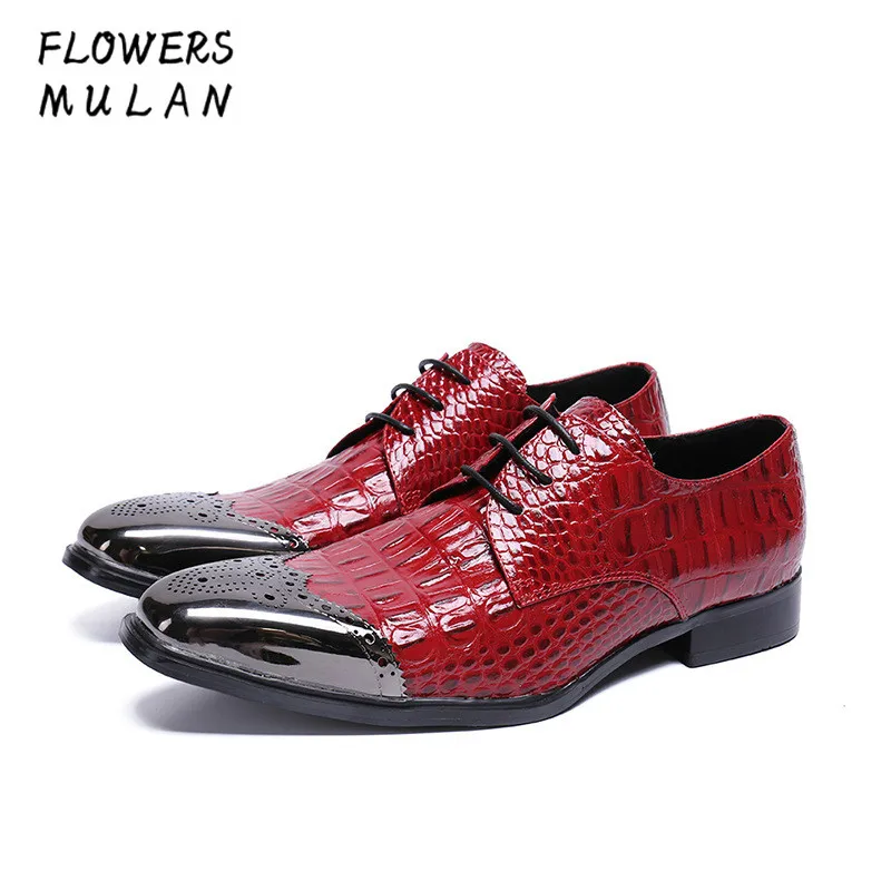 

Fashion Red Patent Crocodile Leather Men Dress Shoes Metal Pointed Toe Footwear Lace Up Low Chunky Heel Man Wedding Party Shoes